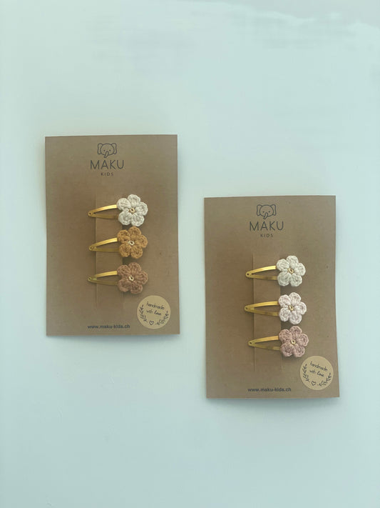 Gestrickte Blumen Haarspangen Mini in Gold im 3er Set