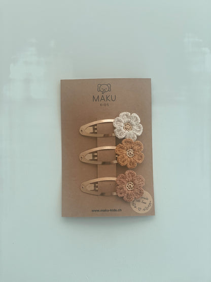 Barrettes à cheveux en forme de fleur tricotées, grandes, dorées, lot de 3